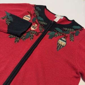 Women's red Christmas sweater zip holly ornaments embroidered beaded size Large
